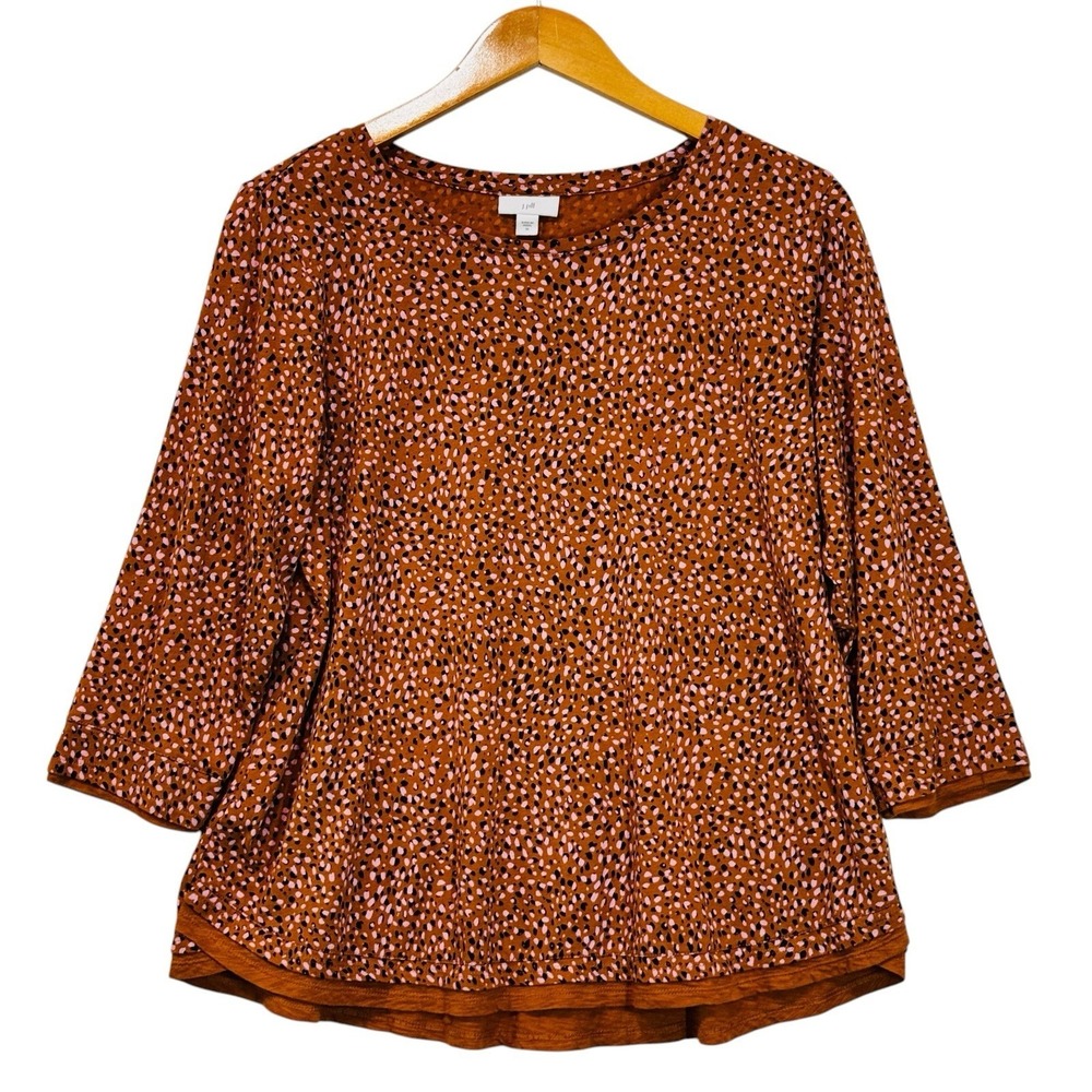 J.Jill Top Women's Medium Brown Pink Speckled 3/4 Sleeve Swing Knit Casual Soft